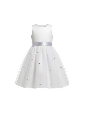 US Angels Girls White Satin Dress W Silver Embellished Tulle Skirt & Bow Size 14